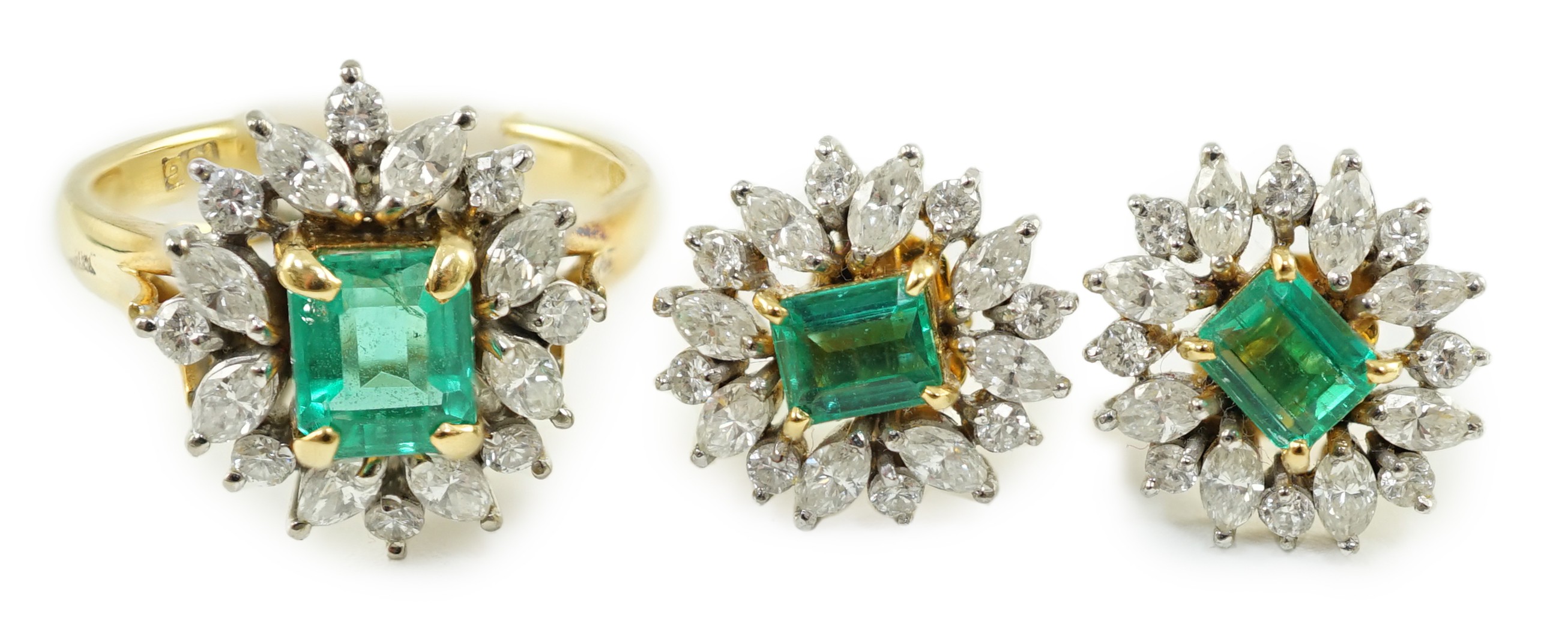 A modern 18k gold emerald and diamond set suite of jewellery